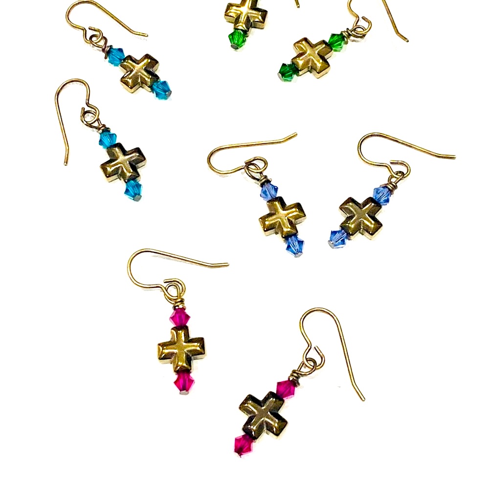 Cross Crusade Jewel Tone Christmas Earrings Bronze Swarovski Handmade